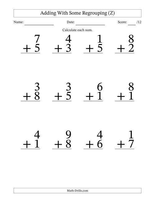 The 12 Single-Digit Addition Questions With Some Regrouping (Z) Math Worksheet
