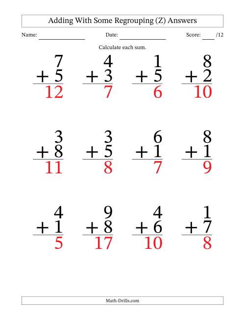 The 12 Single-Digit Addition Questions With Some Regrouping (Z) Math Worksheet Page 2