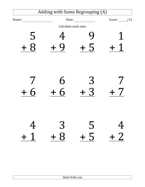 The 12 Single-Digit Addition Questions with Some Regrouping (Old) Math Worksheet