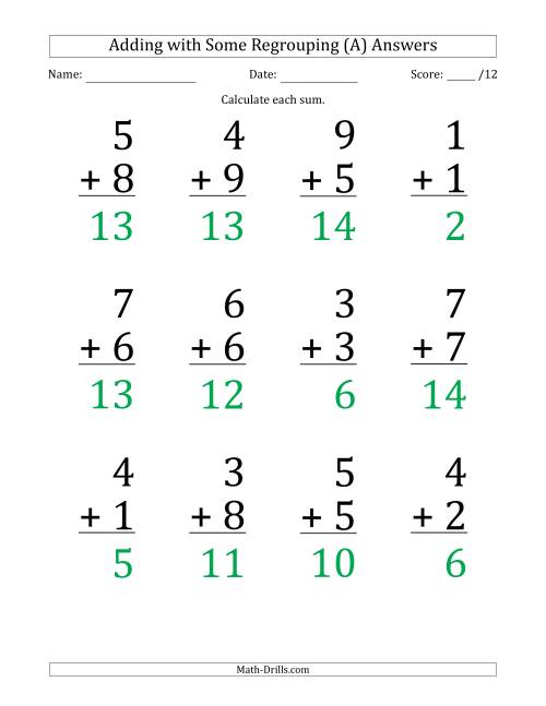 The 12 Single-Digit Addition Questions with Some Regrouping (Old) Math Worksheet Page 2