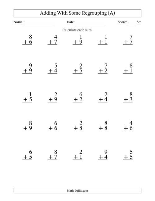 The 25 Single-Digit Addition Questions With Some Regrouping (A) Math Worksheet