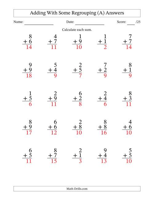 The 25 Single-Digit Addition Questions With Some Regrouping (A) Math Worksheet Page 2