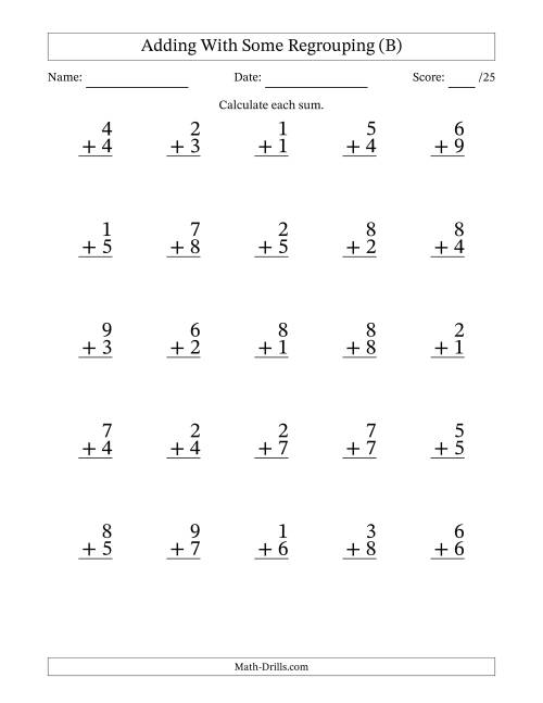 The 25 Single-Digit Addition Questions With Some Regrouping (B) Math Worksheet