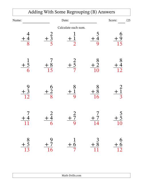 The 25 Single-Digit Addition Questions With Some Regrouping (B) Math Worksheet Page 2