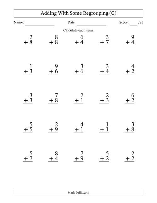 The 25 Single-Digit Addition Questions With Some Regrouping (C) Math Worksheet