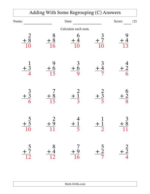 The 25 Single-Digit Addition Questions With Some Regrouping (C) Math Worksheet Page 2