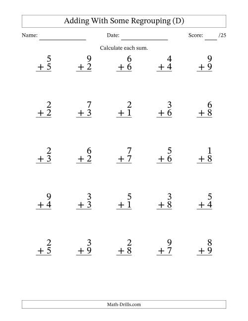 The 25 Single-Digit Addition Questions With Some Regrouping (D) Math Worksheet