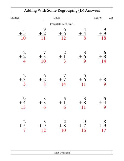 The 25 Single-Digit Addition Questions With Some Regrouping (D) Math Worksheet Page 2