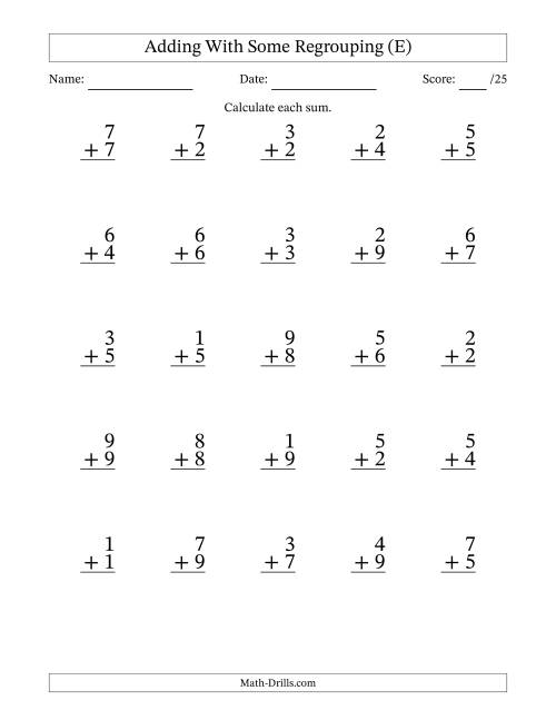 The 25 Single-Digit Addition Questions With Some Regrouping (E) Math Worksheet