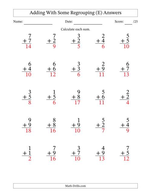 The 25 Single-Digit Addition Questions With Some Regrouping (E) Math Worksheet Page 2