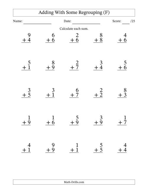 The 25 Single-Digit Addition Questions With Some Regrouping (F) Math Worksheet