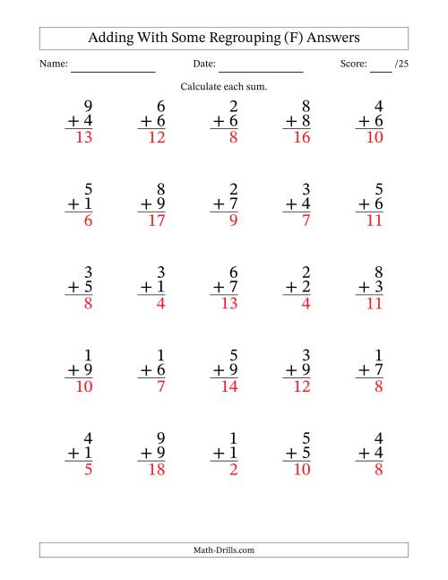 The 25 Single-Digit Addition Questions With Some Regrouping (F) Math Worksheet Page 2