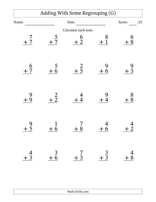 The 25 Single-Digit Addition Questions With Some Regrouping (G) Math Worksheet