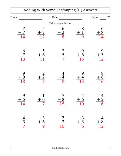 The 25 Single-Digit Addition Questions With Some Regrouping (G) Math Worksheet Page 2
