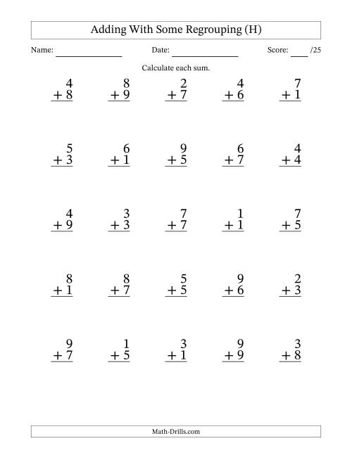 The 25 Single-Digit Addition Questions With Some Regrouping (H) Math Worksheet