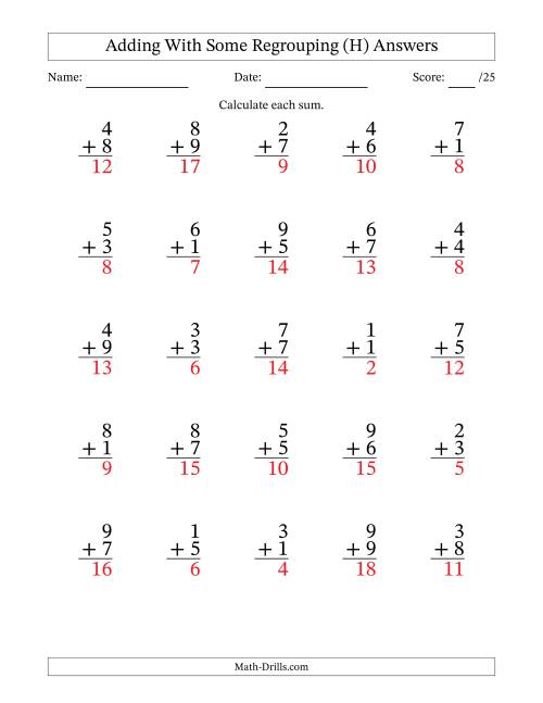 The 25 Single-Digit Addition Questions With Some Regrouping (H) Math Worksheet Page 2