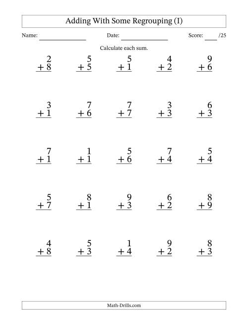 The 25 Single-Digit Addition Questions With Some Regrouping (I) Math Worksheet
