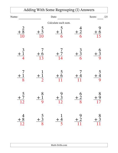 The 25 Single-Digit Addition Questions With Some Regrouping (I) Math Worksheet Page 2