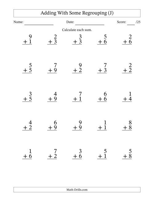 The 25 Single-Digit Addition Questions With Some Regrouping (J) Math Worksheet