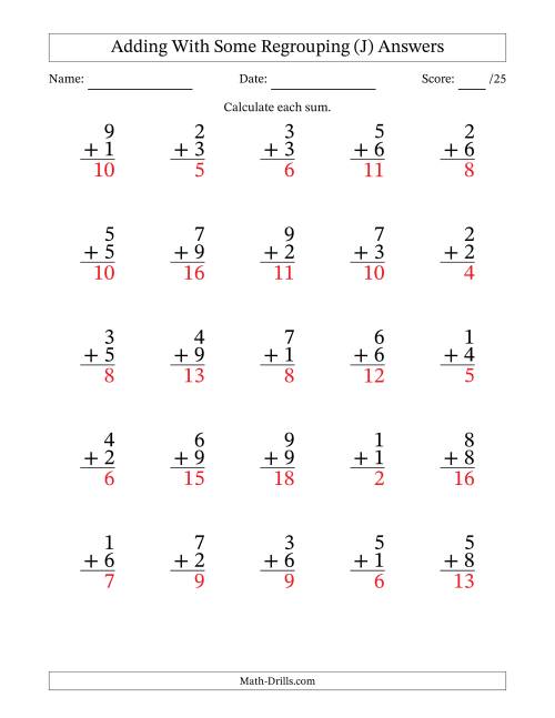 The 25 Single-Digit Addition Questions With Some Regrouping (J) Math Worksheet Page 2