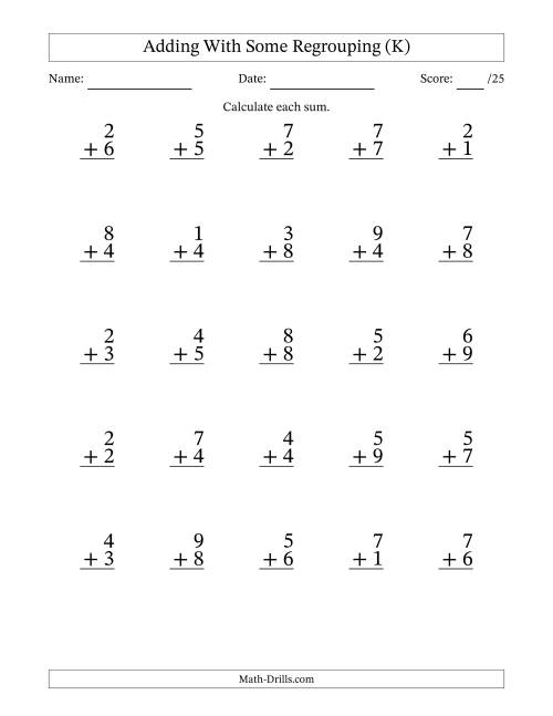 The 25 Single-Digit Addition Questions With Some Regrouping (K) Math Worksheet