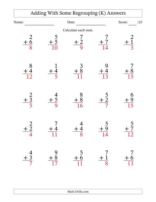The 25 Single-Digit Addition Questions With Some Regrouping (K) Math Worksheet Page 2