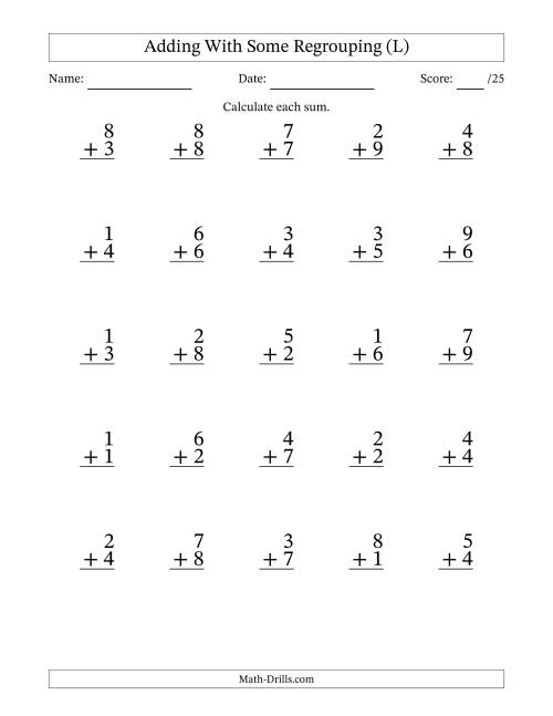 The 25 Single-Digit Addition Questions With Some Regrouping (L) Math Worksheet