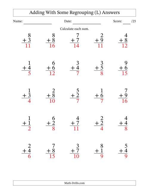 The 25 Single-Digit Addition Questions With Some Regrouping (L) Math Worksheet Page 2