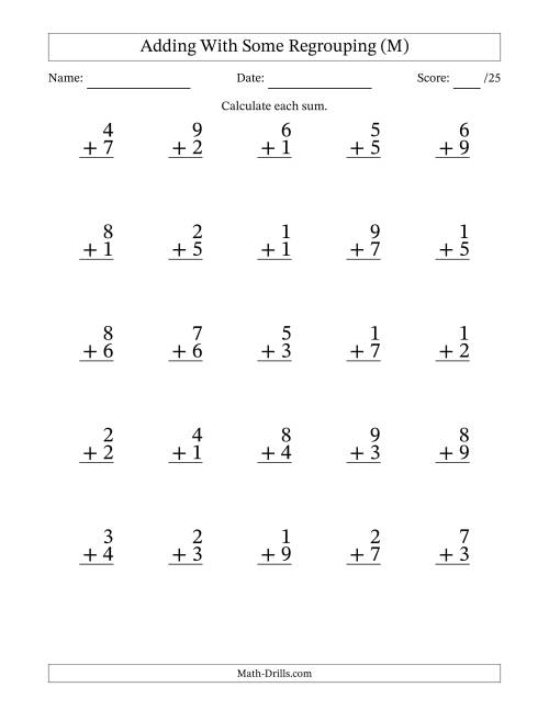 The 25 Single-Digit Addition Questions With Some Regrouping (M) Math Worksheet