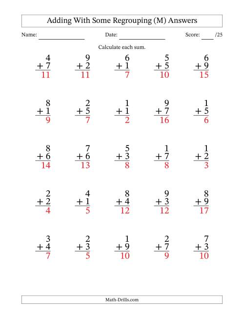 The 25 Single-Digit Addition Questions With Some Regrouping (M) Math Worksheet Page 2