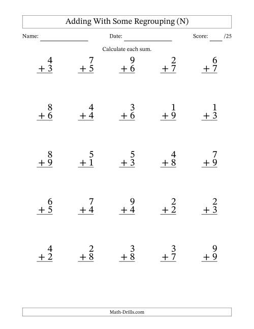 The 25 Single-Digit Addition Questions With Some Regrouping (N) Math Worksheet