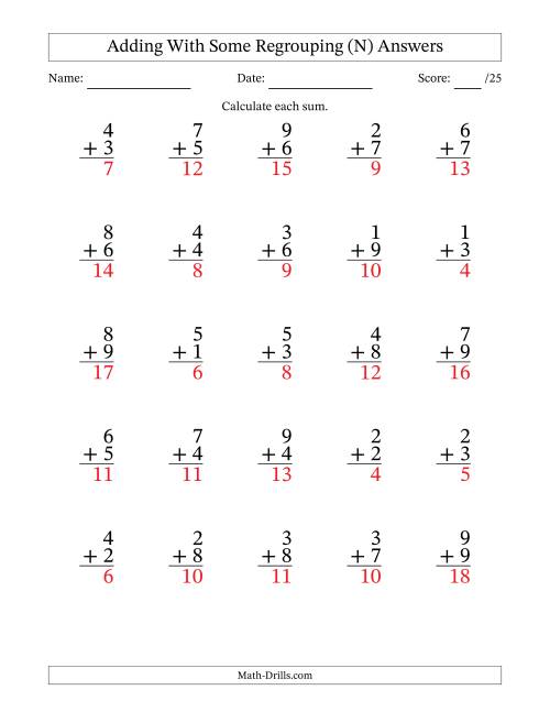 The 25 Single-Digit Addition Questions With Some Regrouping (N) Math Worksheet Page 2