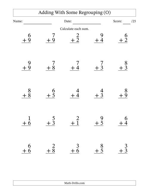The 25 Single-Digit Addition Questions With Some Regrouping (O) Math Worksheet