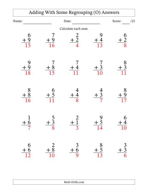 The 25 Single-Digit Addition Questions With Some Regrouping (O) Math Worksheet Page 2
