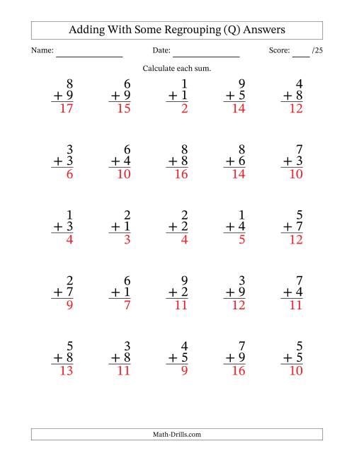 The 25 Single-Digit Addition Questions With Some Regrouping (Q) Math Worksheet Page 2
