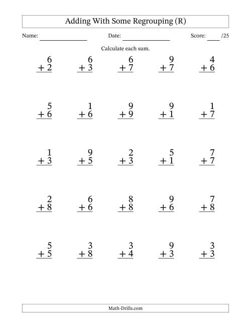The 25 Single-Digit Addition Questions With Some Regrouping (R) Math Worksheet