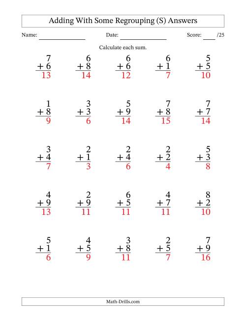 The 25 Single-Digit Addition Questions With Some Regrouping (S) Math Worksheet Page 2