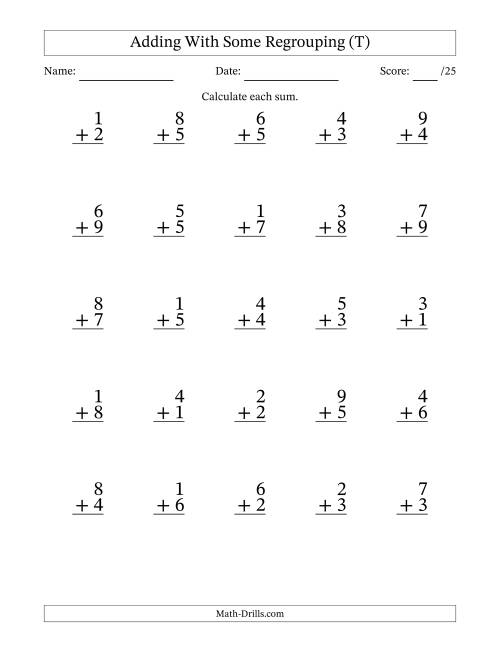 The 25 Single-Digit Addition Questions With Some Regrouping (T) Math Worksheet