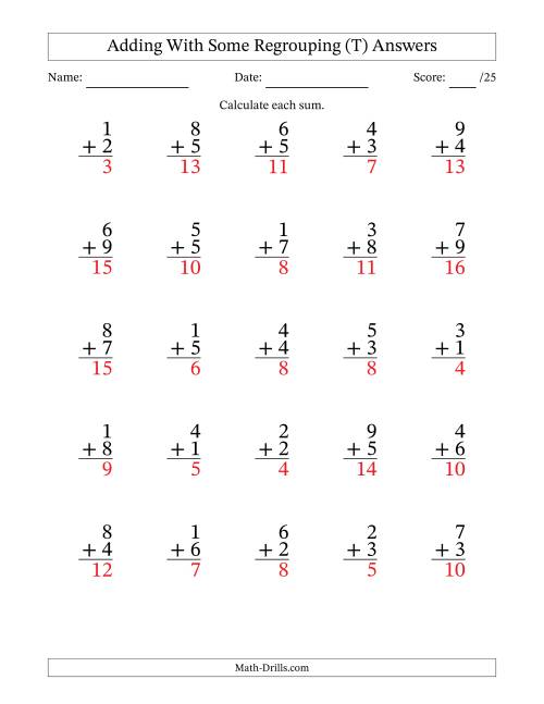 The 25 Single-Digit Addition Questions With Some Regrouping (T) Math Worksheet Page 2