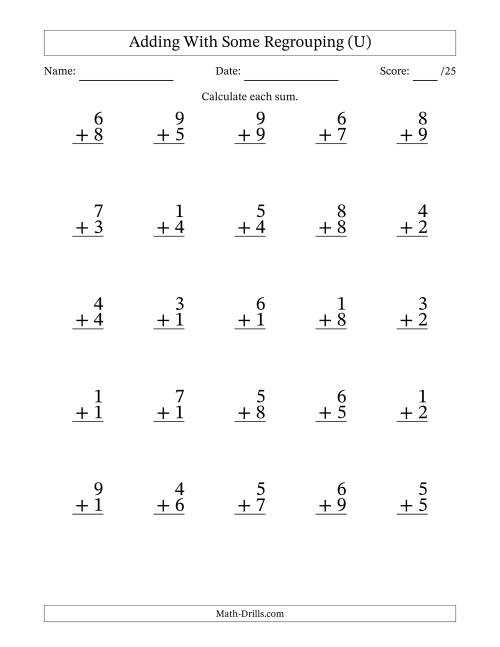 The 25 Single-Digit Addition Questions With Some Regrouping (U) Math Worksheet