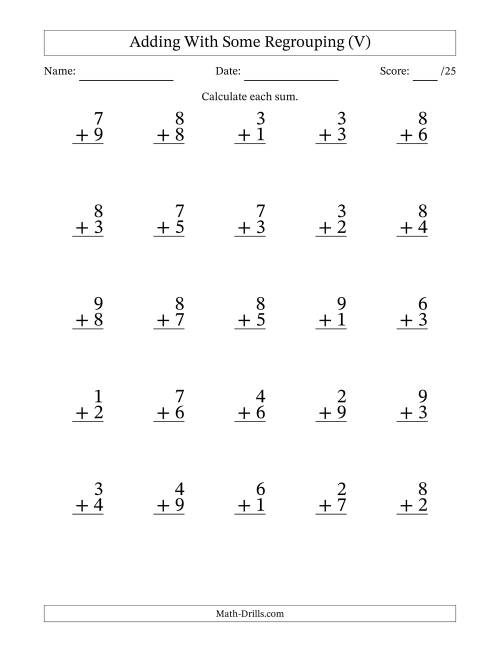 The 25 Single-Digit Addition Questions With Some Regrouping (V) Math Worksheet
