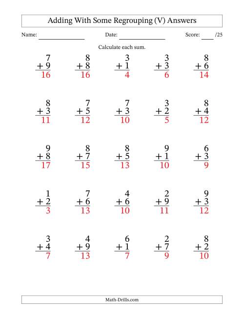 The 25 Single-Digit Addition Questions With Some Regrouping (V) Math Worksheet Page 2