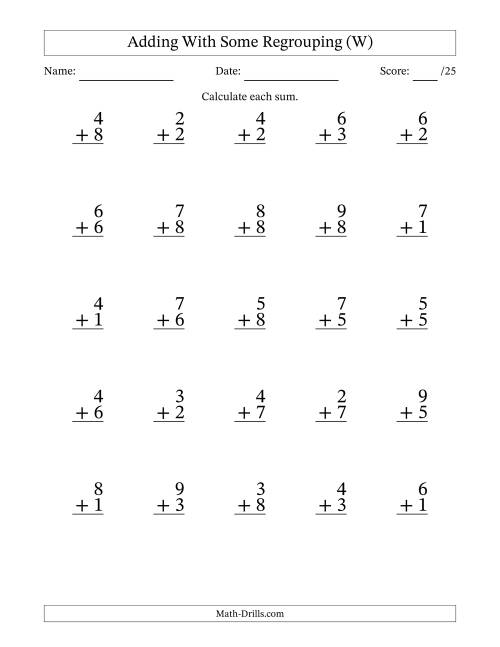The 25 Single-Digit Addition Questions With Some Regrouping (W) Math Worksheet