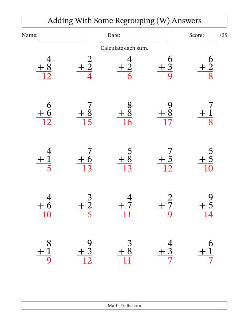 The 25 Single-Digit Addition Questions With Some Regrouping (W) Math Worksheet Page 2
