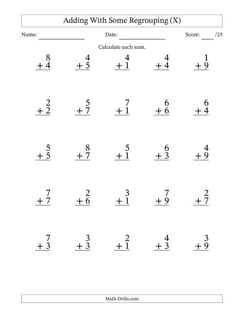 The 25 Single-Digit Addition Questions With Some Regrouping (X) Math Worksheet