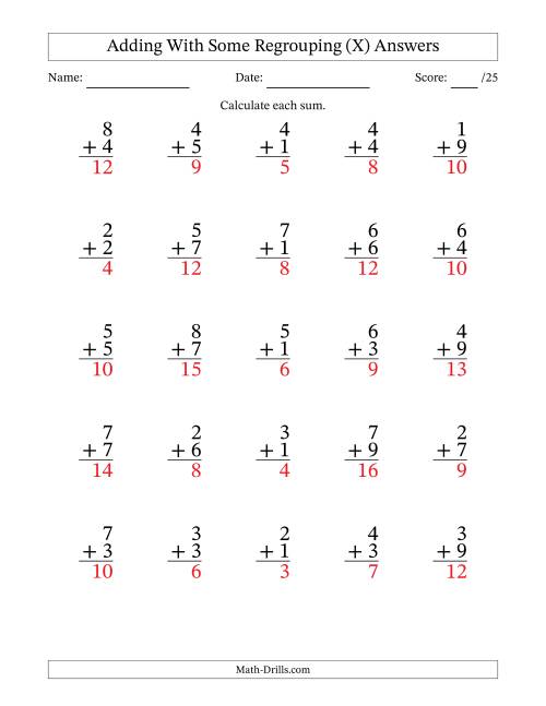 The 25 Single-Digit Addition Questions With Some Regrouping (X) Math Worksheet Page 2