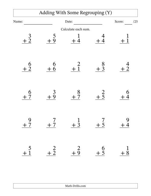 The 25 Single-Digit Addition Questions With Some Regrouping (Y) Math Worksheet
