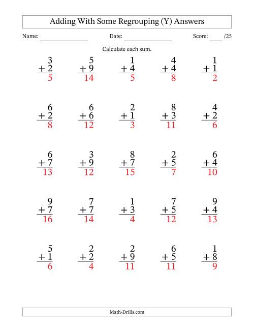 The 25 Single-Digit Addition Questions With Some Regrouping (Y) Math Worksheet Page 2