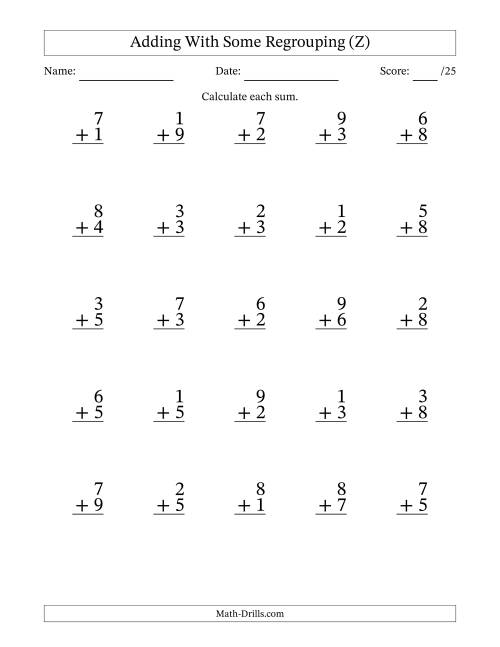 The 25 Single-Digit Addition Questions With Some Regrouping (Z) Math Worksheet