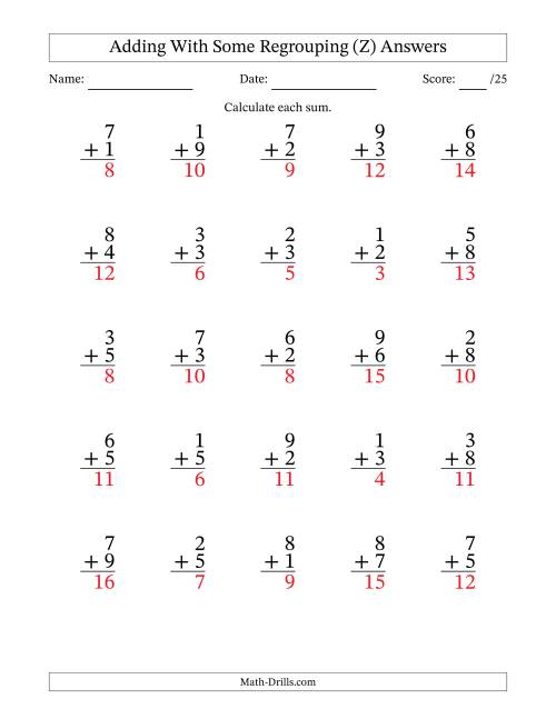 The 25 Single-Digit Addition Questions With Some Regrouping (Z) Math Worksheet Page 2